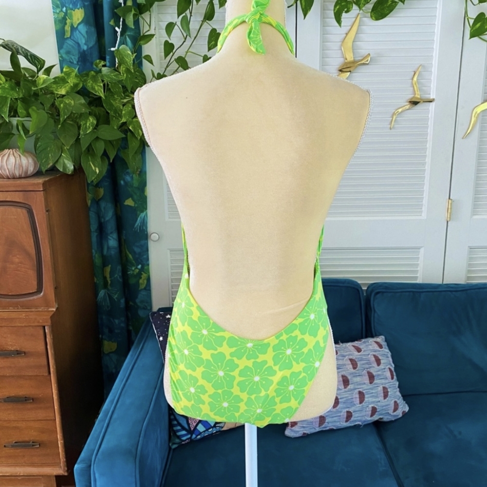 Urban Outfitters Selena Scarf One Piece Swimsuit Lime Green Floral Print Medium